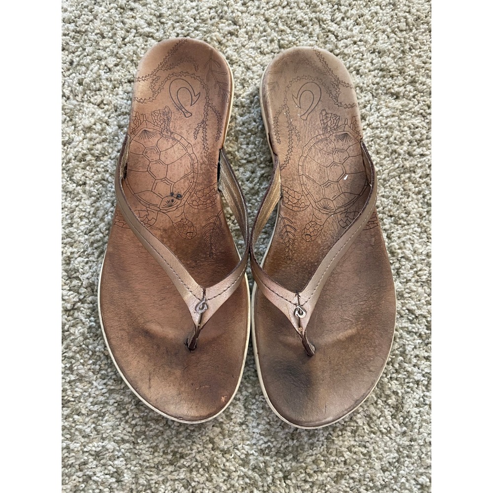 OluKai Honu Leather Flip Flop Sandals Metallic Bronze Sea Turtle Womens 10